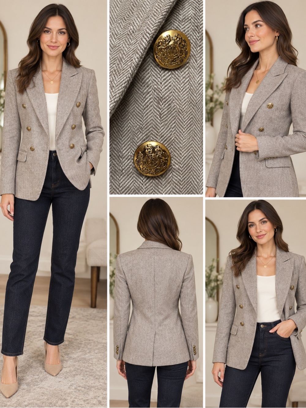 Zara Double-Breasted Tailored Blazer in Taupe with Gold Buttons